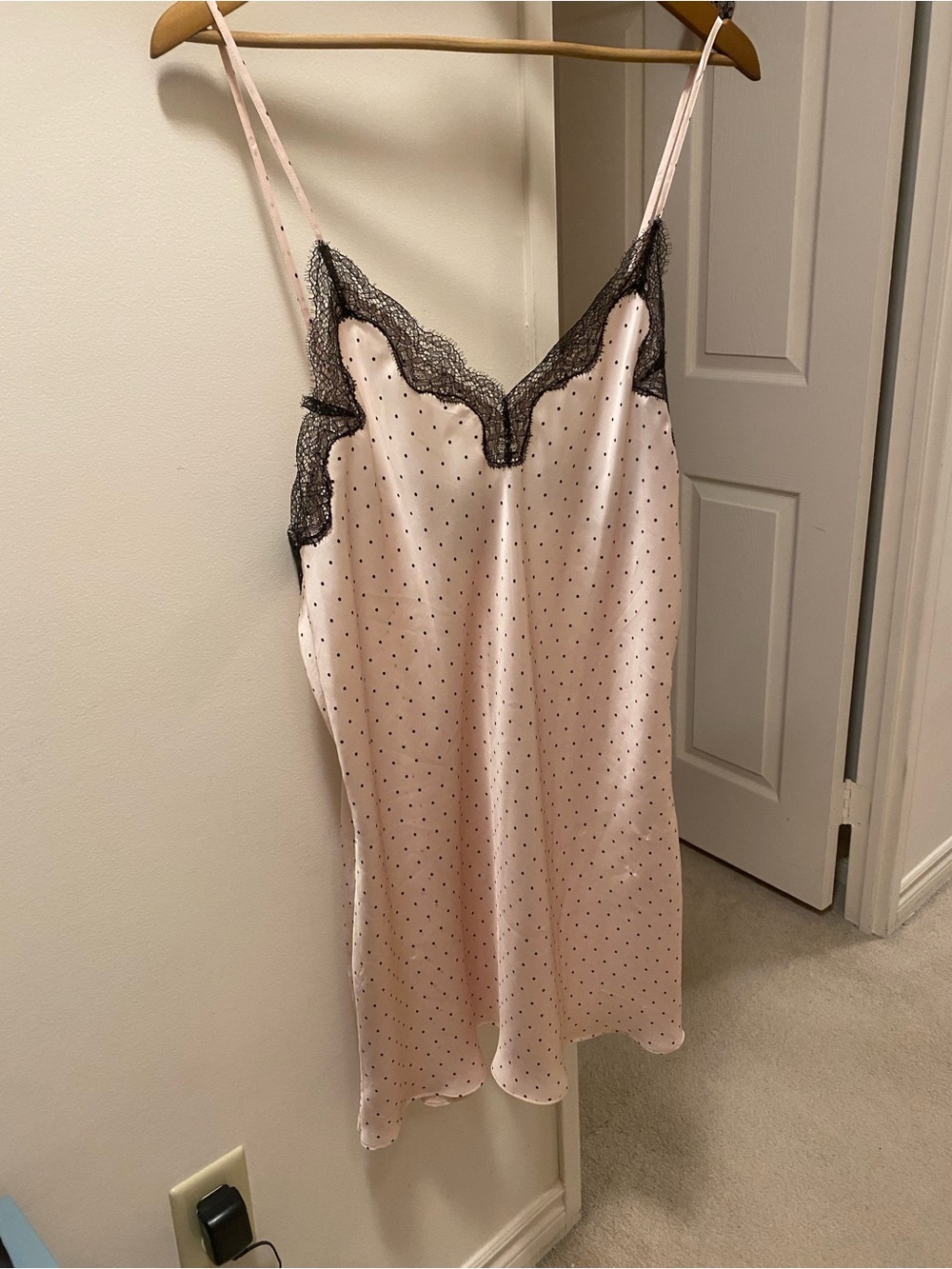 Victoria's Secret Light Pink Slip with Black Lace & Polka Dots